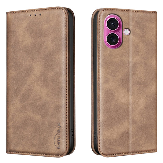 BINFEN COLOR for iPhone 16 RFID Blocking Calf Texture PU Leather Phone Cover