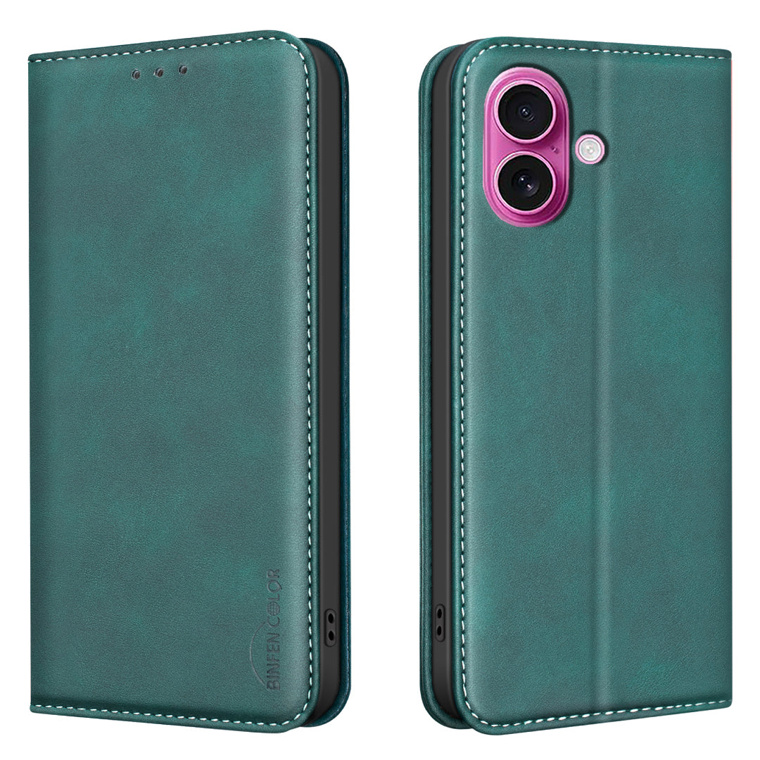 BINFEN COLOR for iPhone 16 RFID Blocking Calf Texture PU Leather Phone Cover