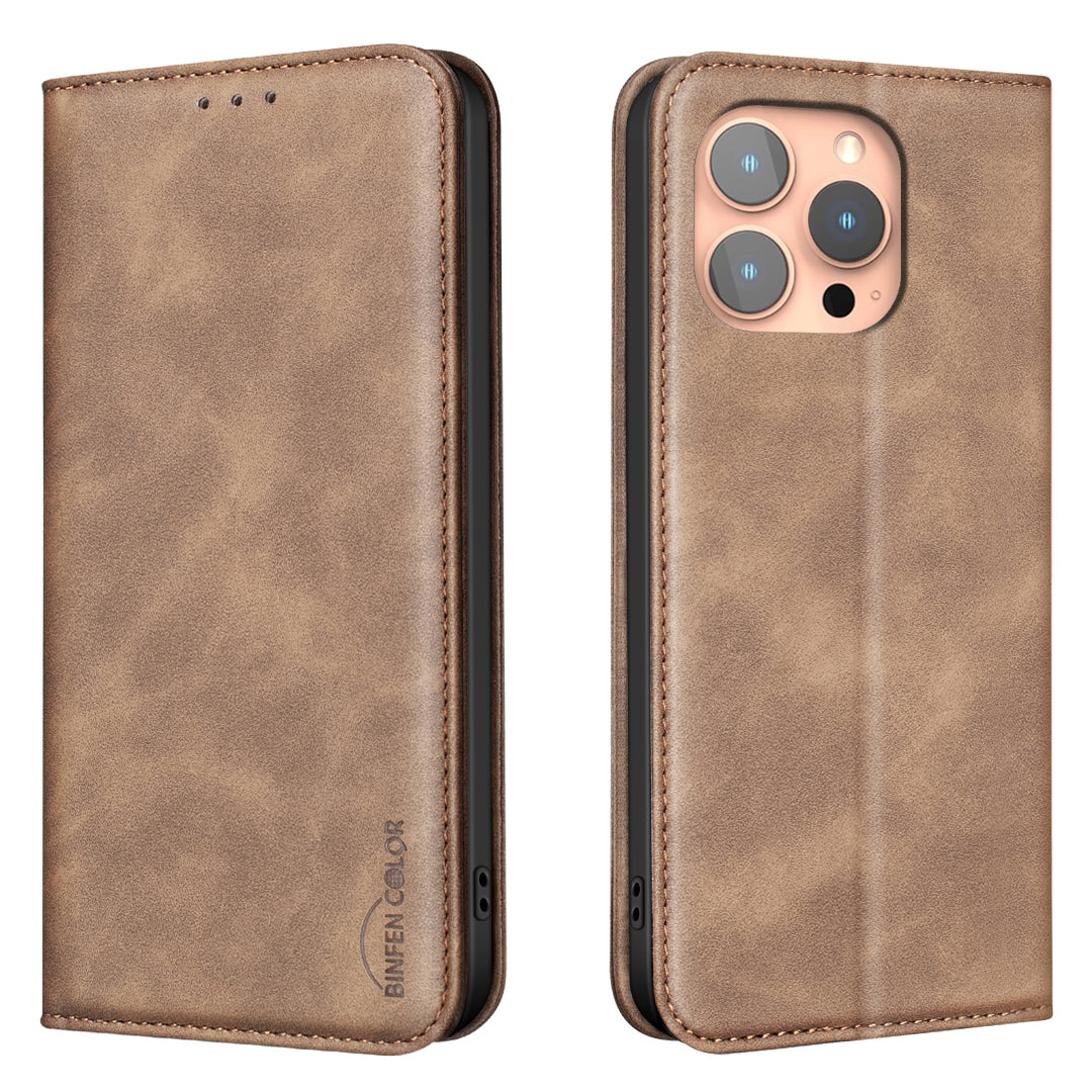 BINFEN COLOR for iPhone 15 Pro RFID Blocking Calf Texture PU Leather Phone Cover