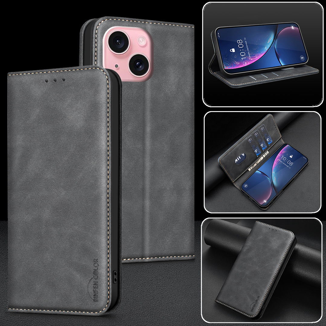 BINFEN COLOR for iPhone 13 / iPhone 14 RFID Blocking Calf Texture PU Leather Phone Cover