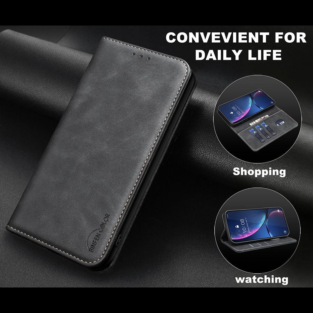 BINFEN COLOR for iPhone 13 / iPhone 14 RFID Blocking Calf Texture PU Leather Phone Cover