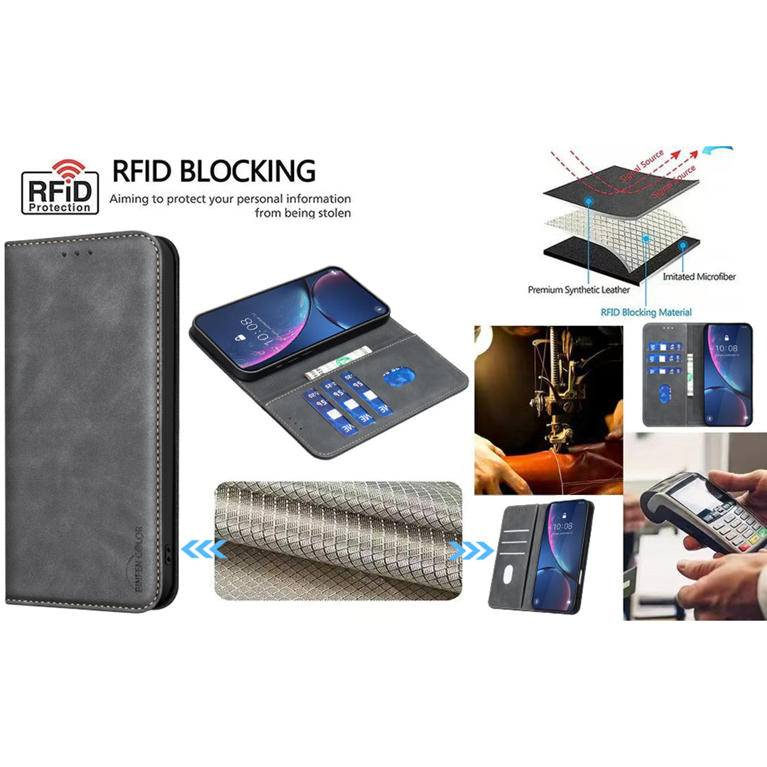 BINFEN COLOR for iPhone 13 / iPhone 14 RFID Blocking Calf Texture PU Leather Phone Cover