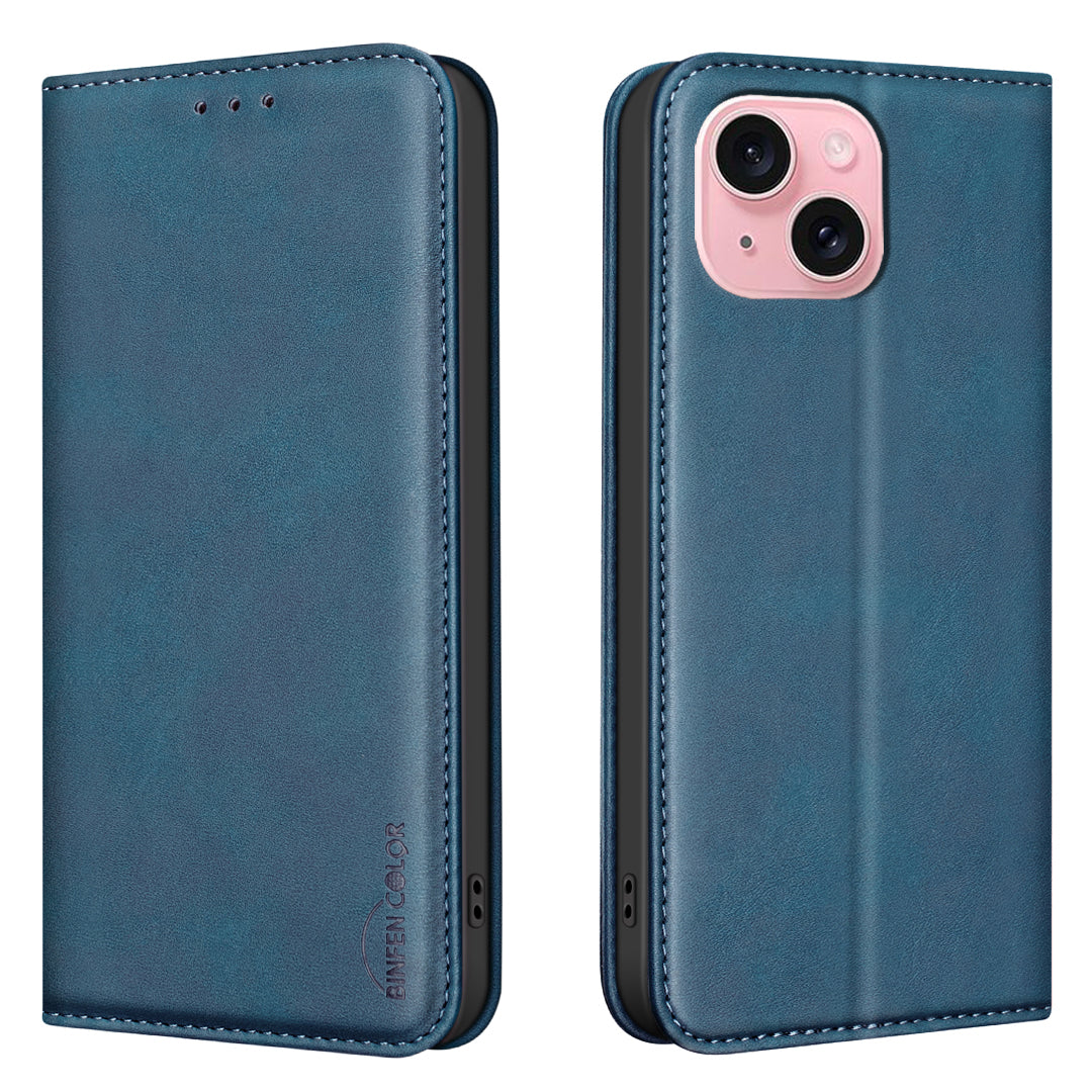 BINFEN COLOR for iPhone 13 / iPhone 14 RFID Blocking Calf Texture PU Leather Phone Cover
