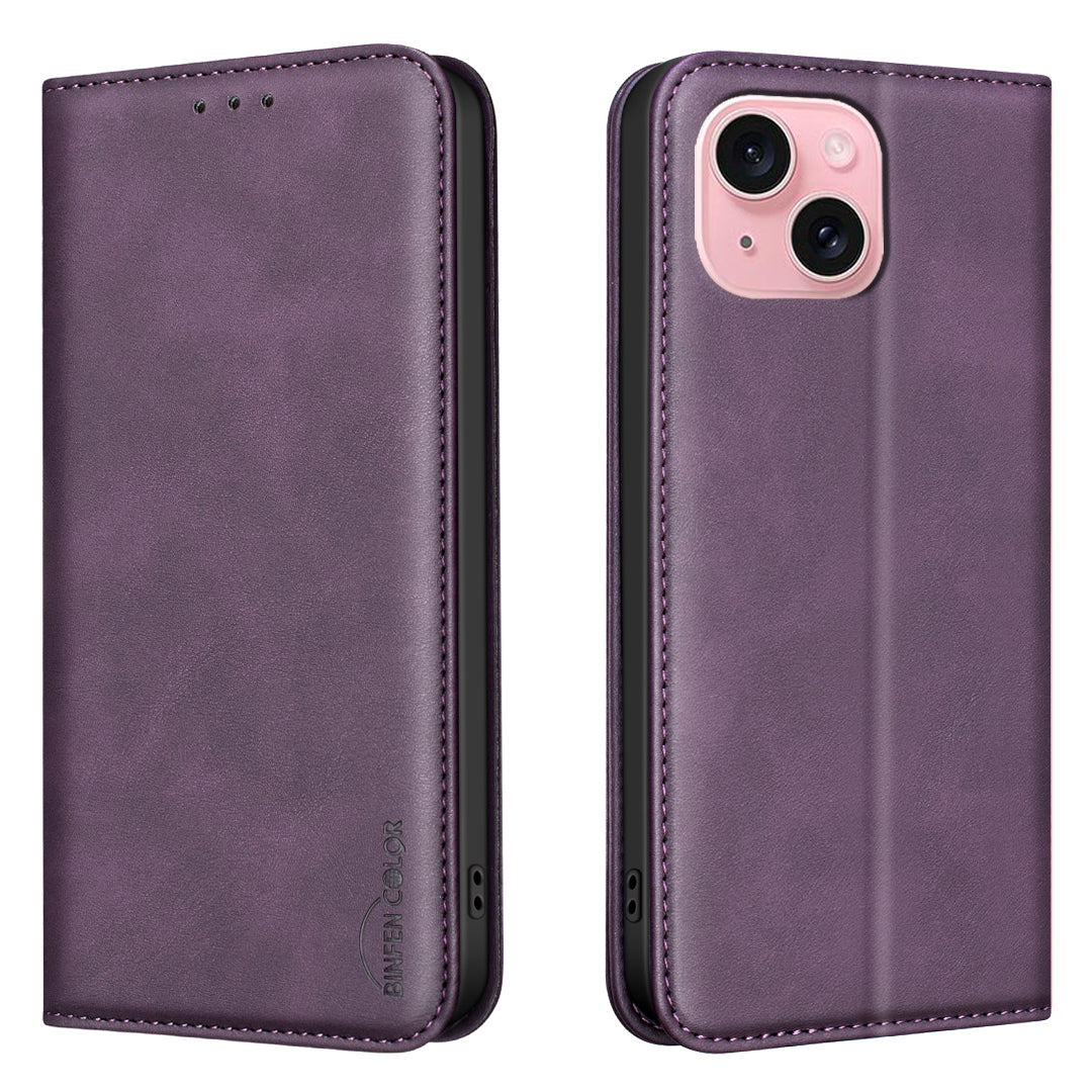 BINFEN COLOR for iPhone 13 / iPhone 14 RFID Blocking Calf Texture PU Leather Phone Cover