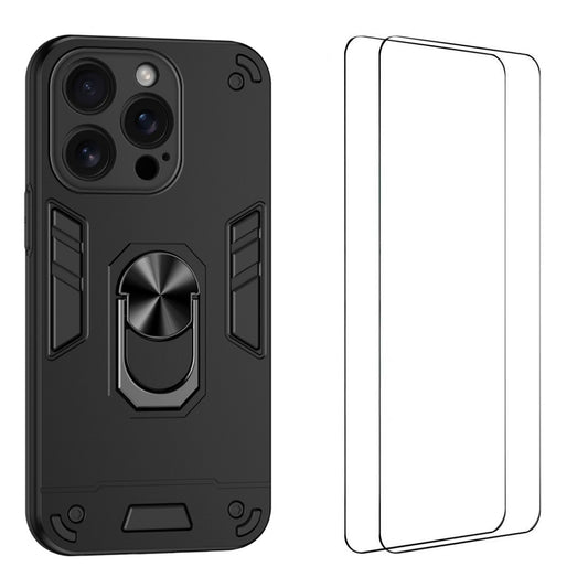 WANLONFENG for iPhone 16 Pro Max YS Series Case Kicktand Shockproof PC TPU Phone Cover with 2Pcs Tempered Glass Film