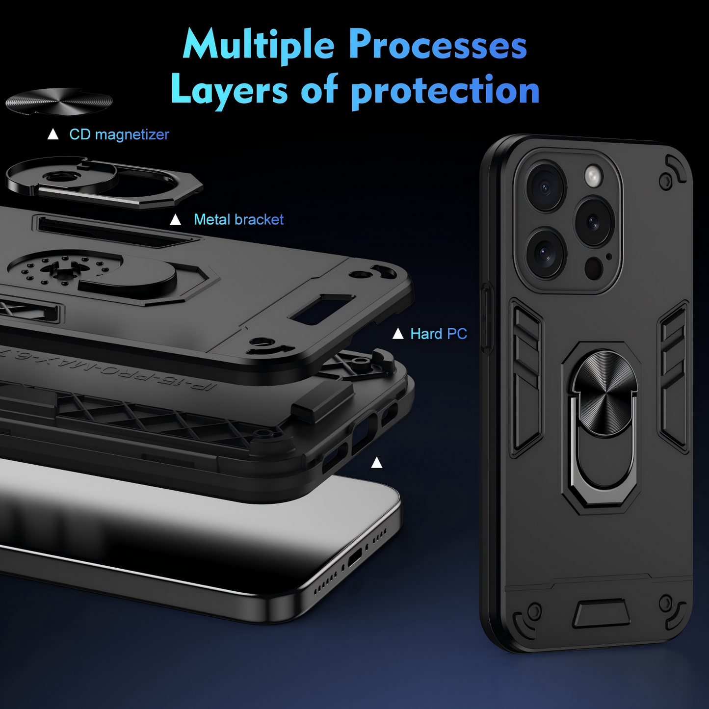 WANLONFENG for iPhone 16 Pro Max YS Series Case Kicktand Shockproof PC TPU Phone Cover with 2Pcs Tempered Glass Film