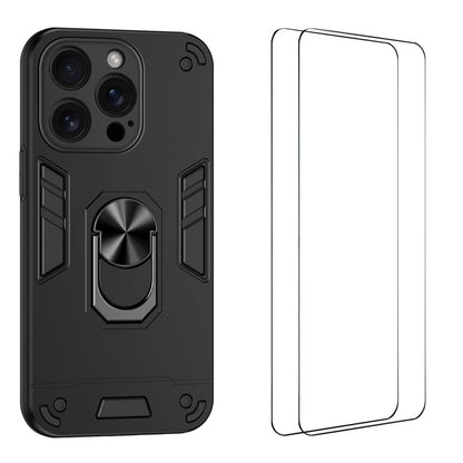 WANLONFENG for iPhone 15 Pro Max YS Series Case Kicktand Shockproof PC TPU Phone Cover with 2Pcs Tempered Glass Film