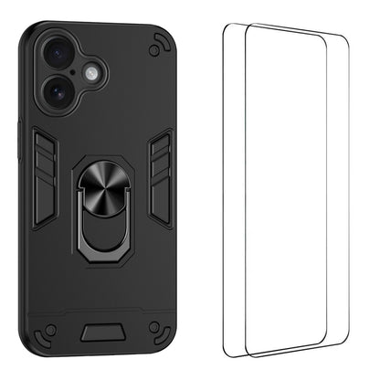 WANLONFENG for iPhone 16 YS Series Case Kicktand Shockproof PC TPU Phone Cover with 2Pcs Tempered Glass Film