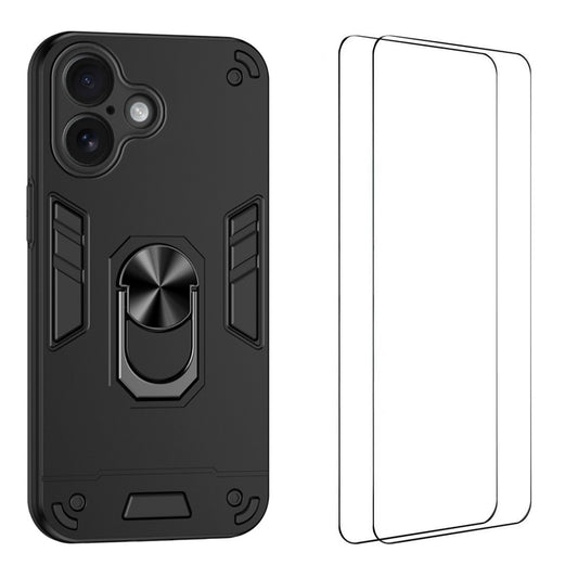WANLONFENG for iPhone 16 YS Series Case Kicktand Shockproof PC TPU Phone Cover with 2Pcs Tempered Glass Film