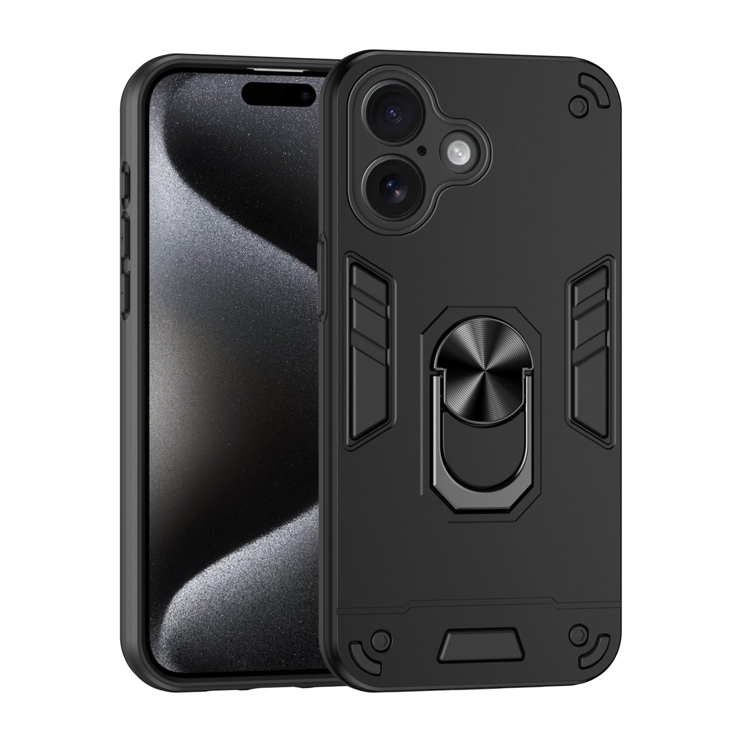 WANLONFENG for iPhone 16 YS Series Case Kicktand Shockproof PC TPU Phone Cover with 2Pcs Tempered Glass Film