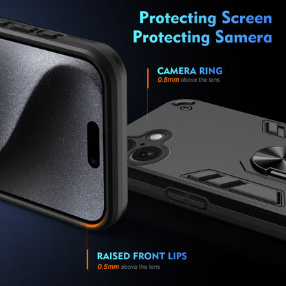 WANLONFENG for iPhone 16 YS Series Case Kicktand Shockproof PC TPU Phone Cover with 2Pcs Tempered Glass Film