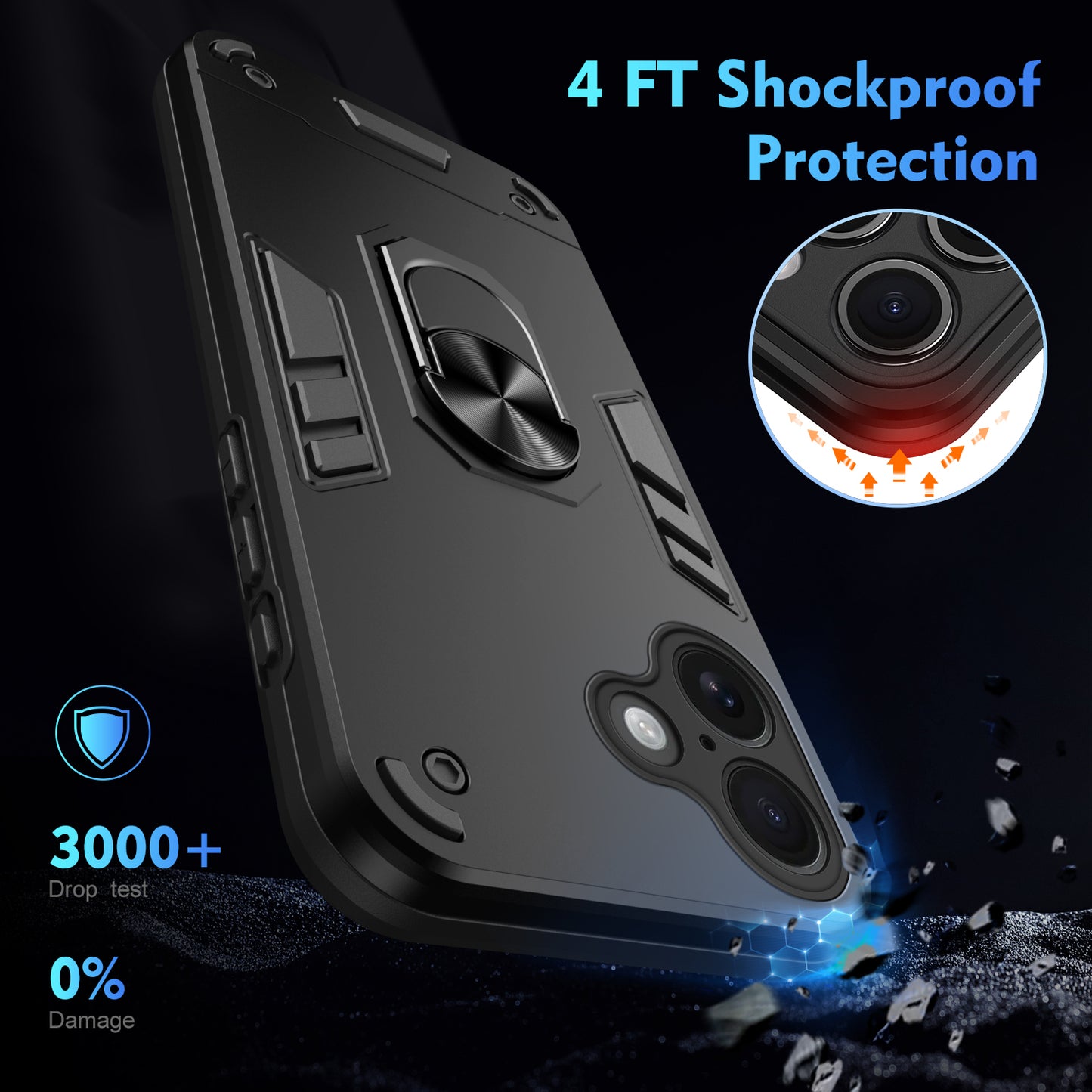 WANLONFENG for iPhone 16 YS Series Case Kicktand Shockproof PC TPU Phone Cover with 2Pcs Tempered Glass Film