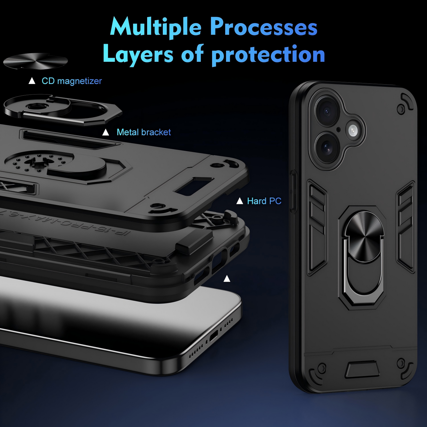 WANLONFENG for iPhone 16 YS Series Case Kicktand Shockproof PC TPU Phone Cover with 2Pcs Tempered Glass Film