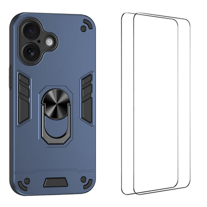 WANLONFENG for iPhone 16 YS Series Case Kicktand Shockproof PC TPU Phone Cover with 2Pcs Tempered Glass Film