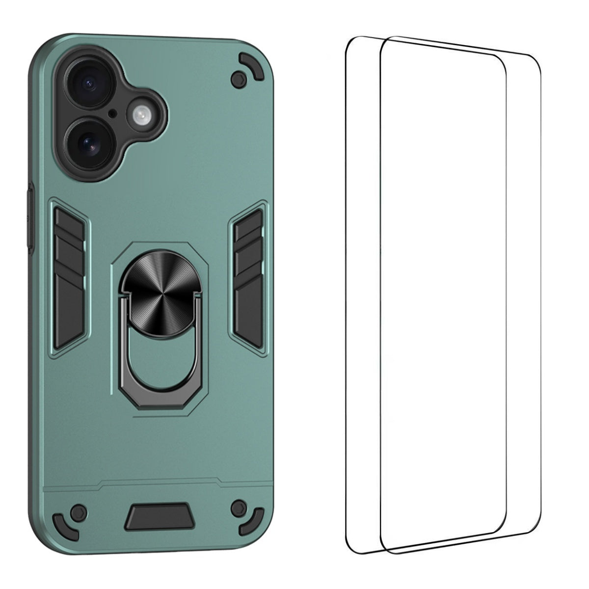 WANLONFENG for iPhone 16 YS Series Case Kicktand Shockproof PC TPU Phone Cover with 2Pcs Tempered Glass Film