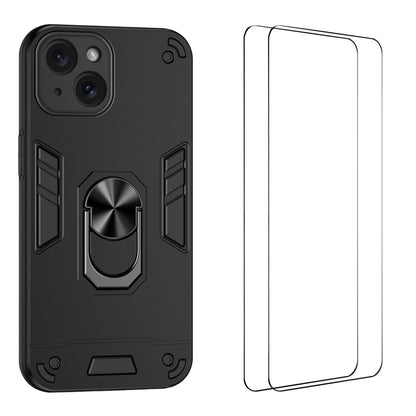 WANLONFENG for iPhone 15 YS Series Case Kicktand Shockproof PC TPU Phone Cover with 2Pcs Tempered Glass Film
