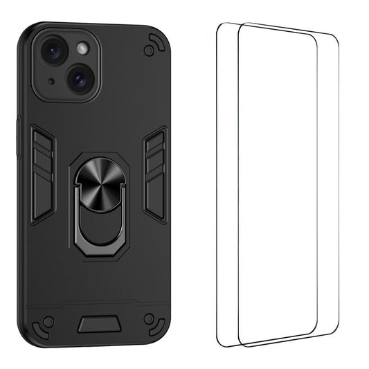 WANLONFENG for iPhone 15 YS Series Case Kicktand Shockproof PC TPU Phone Cover with 2Pcs Tempered Glass Film