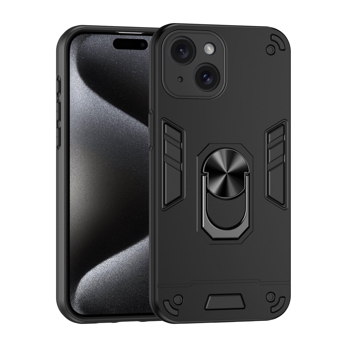 WANLONFENG for iPhone 15 YS Series Case Kicktand Shockproof PC TPU Phone Cover with 2Pcs Tempered Glass Film