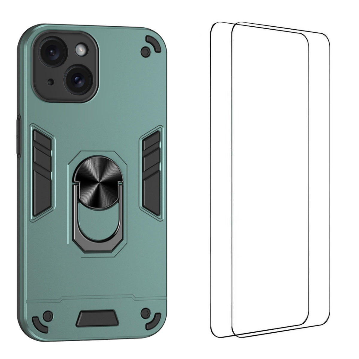 WANLONFENG for iPhone 15 YS Series Case Kicktand Shockproof PC TPU Phone Cover with 2Pcs Tempered Glass Film