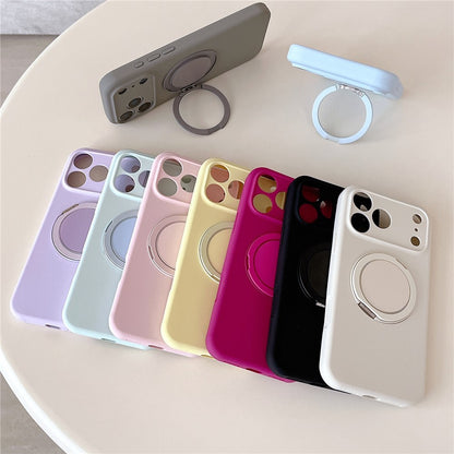 For iPhone 17 Pro Magnetic Case Rotatable Kickstand Liquid Silicone Phone Cover with Tempered Glass Screen Protector