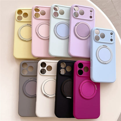 For iPhone 17 Pro Magnetic Case Rotatable Kickstand Liquid Silicone Phone Cover with Tempered Glass Screen Protector