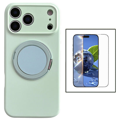 For iPhone 17 Pro Magnetic Case Rotatable Kickstand Liquid Silicone Phone Cover with Tempered Glass Screen Protector