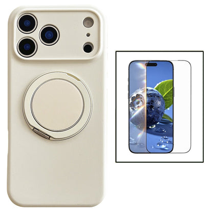 For iPhone 17 Pro Magnetic Case Rotatable Kickstand Liquid Silicone Phone Cover with Tempered Glass Screen Protector