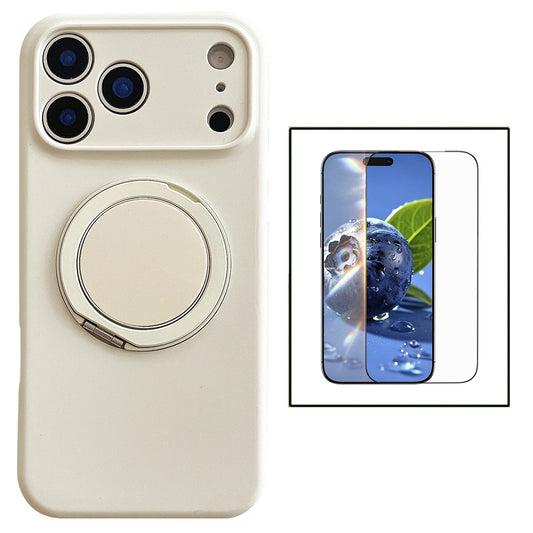 For iPhone 17 Pro Magnetic Case Rotatable Kickstand Liquid Silicone Phone Cover with Tempered Glass Screen Protector