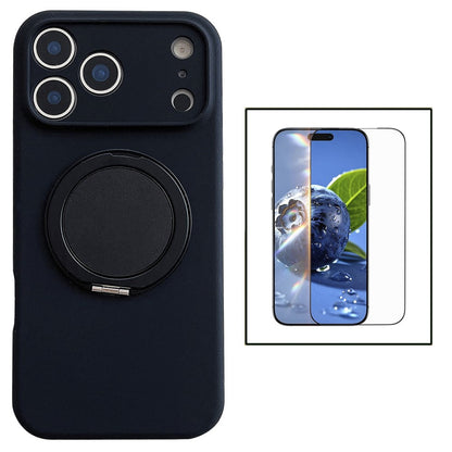 For iPhone 17 Pro Magnetic Case Rotatable Kickstand Liquid Silicone Phone Cover with Tempered Glass Screen Protector