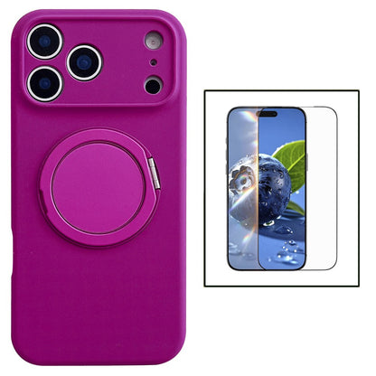 For iPhone 17 Pro Magnetic Case Rotatable Kickstand Liquid Silicone Phone Cover with Tempered Glass Screen Protector