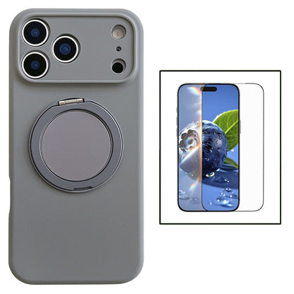 For iPhone 17 Pro Magnetic Case Rotatable Kickstand Liquid Silicone Phone Cover with Tempered Glass Screen Protector