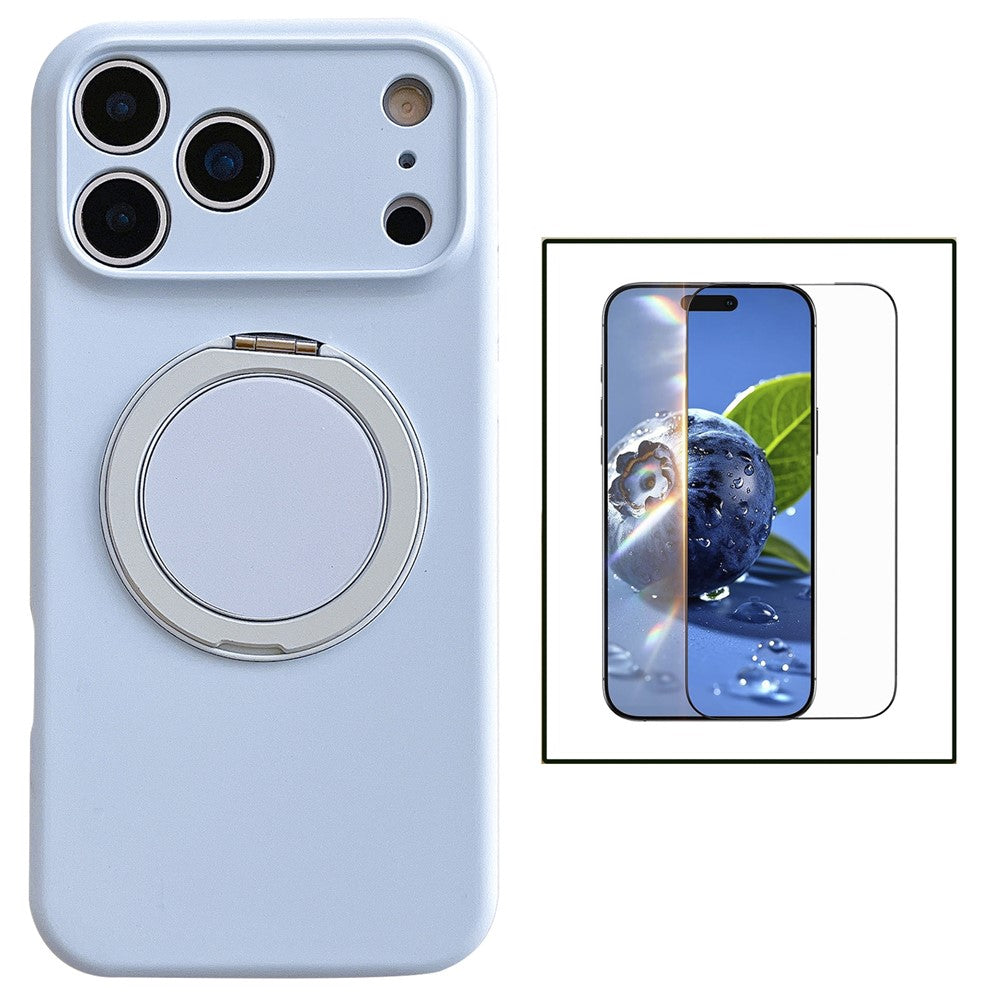 For iPhone 17 Pro Magnetic Case Rotatable Kickstand Liquid Silicone Phone Cover with Tempered Glass Screen Protector