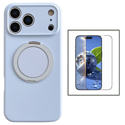 For iPhone 17 Pro Magnetic Case Rotatable Kickstand Liquid Silicone Phone Cover with Tempered Glass Screen Protector