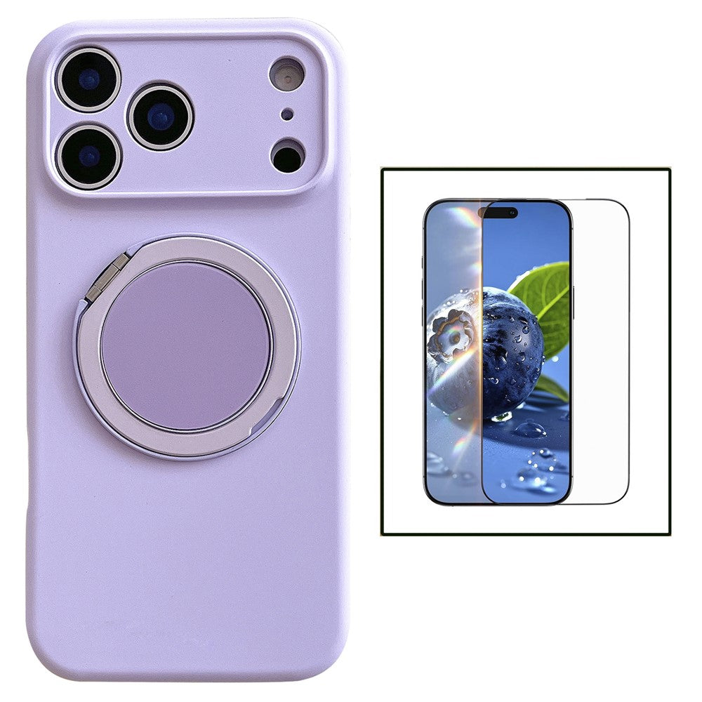 For iPhone 17 Pro Magnetic Case Rotatable Kickstand Liquid Silicone Phone Cover with Tempered Glass Screen Protector