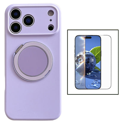 For iPhone 17 Pro Magnetic Case Rotatable Kickstand Liquid Silicone Phone Cover with Tempered Glass Screen Protector