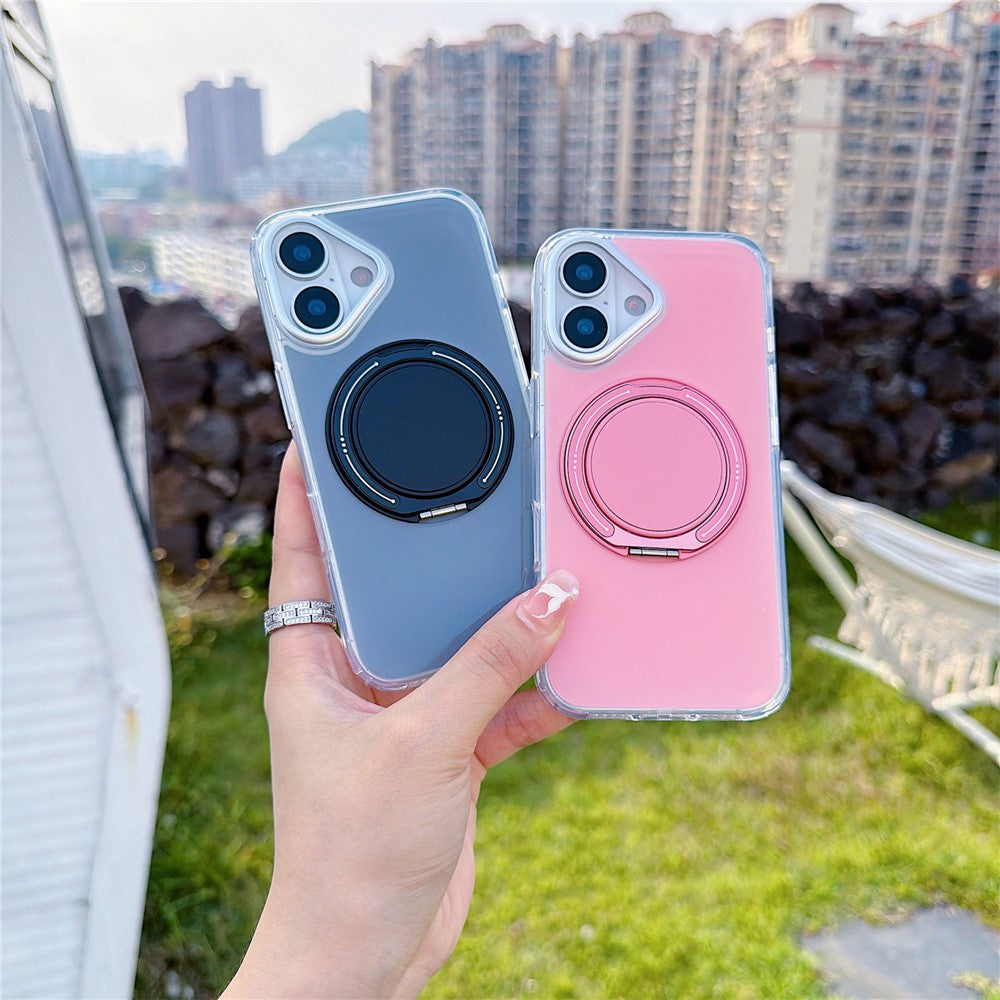 For iPhone 16 Case Rotating Ring Holder Kickstand TPU + Acrylic Shockproof Phone Cover
