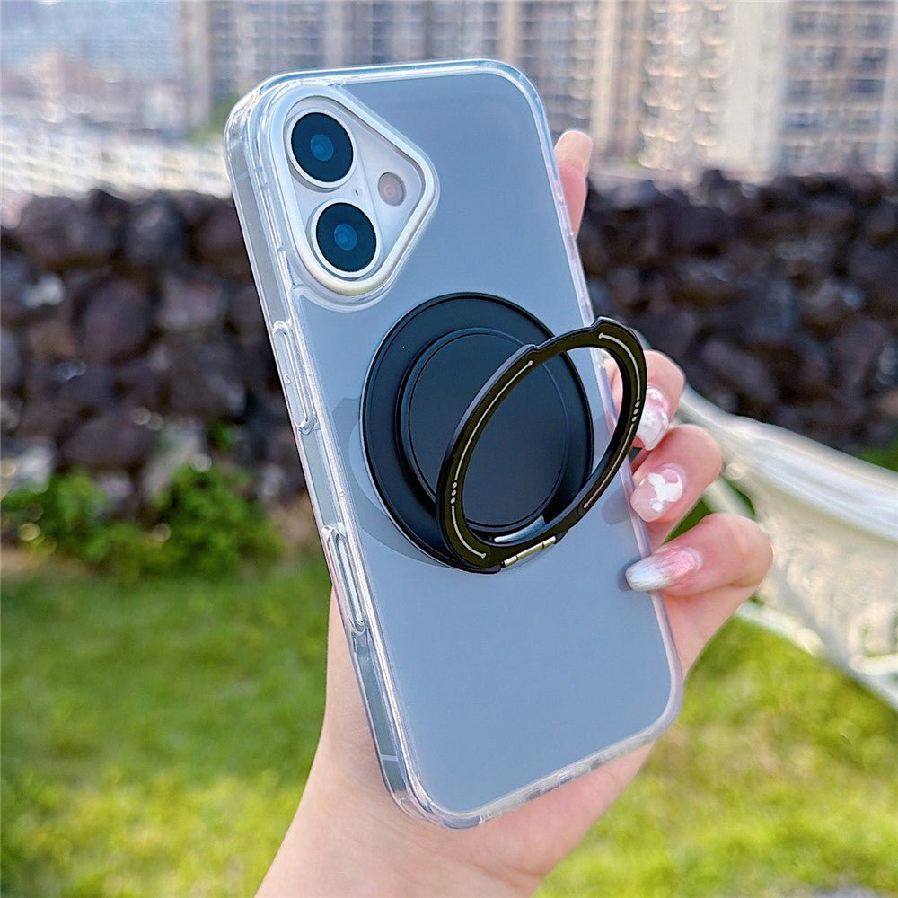 For iPhone 16 Case Rotating Ring Holder Kickstand TPU + Acrylic Shockproof Phone Cover
