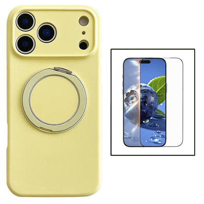 For iPhone 17 Pro Max Magnetic Case Rotatable Kickstand Liquid Silicone Phone Cover with Tempered Glass Screen Protector