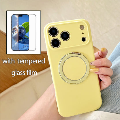 For iPhone 17 Pro Max Magnetic Case Rotatable Kickstand Liquid Silicone Phone Cover with Tempered Glass Screen Protector