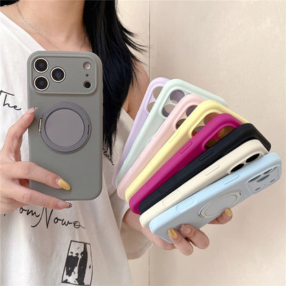 For iPhone 17 Pro Max Magnetic Case Rotatable Kickstand Liquid Silicone Phone Cover with Tempered Glass Screen Protector