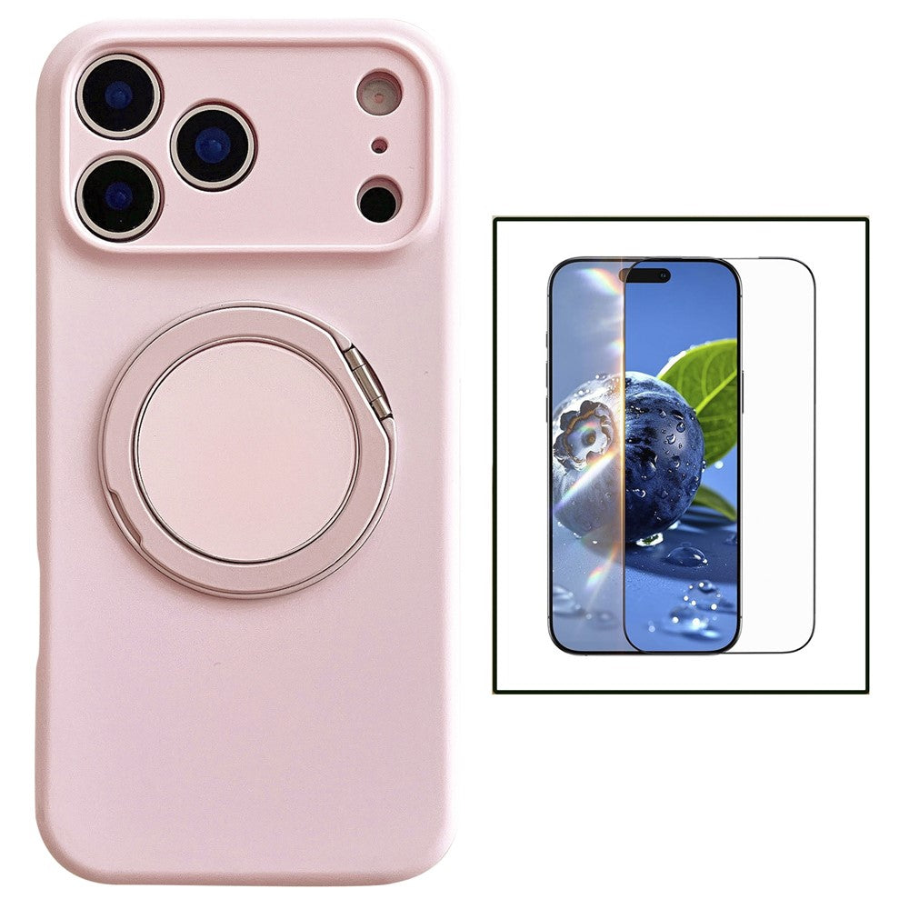 For iPhone 17 Pro Max Magnetic Case Rotatable Kickstand Liquid Silicone Phone Cover with Tempered Glass Screen Protector