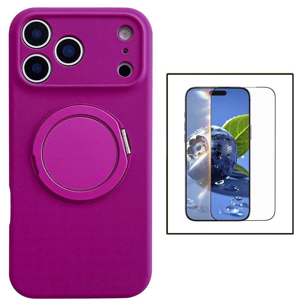 For iPhone 17 Pro Max Magnetic Case Rotatable Kickstand Liquid Silicone Phone Cover with Tempered Glass Screen Protector