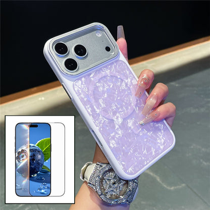 For iPhone 17 Pro Magnetic Case Shell Pattern TPU Shockproof Phone Cover with Tempered Glass Screen Protector