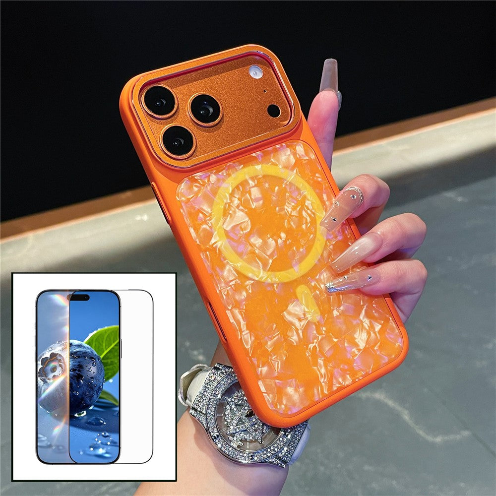 For iPhone 17 Pro Magnetic Case Shell Pattern TPU Shockproof Phone Cover with Tempered Glass Screen Protector
