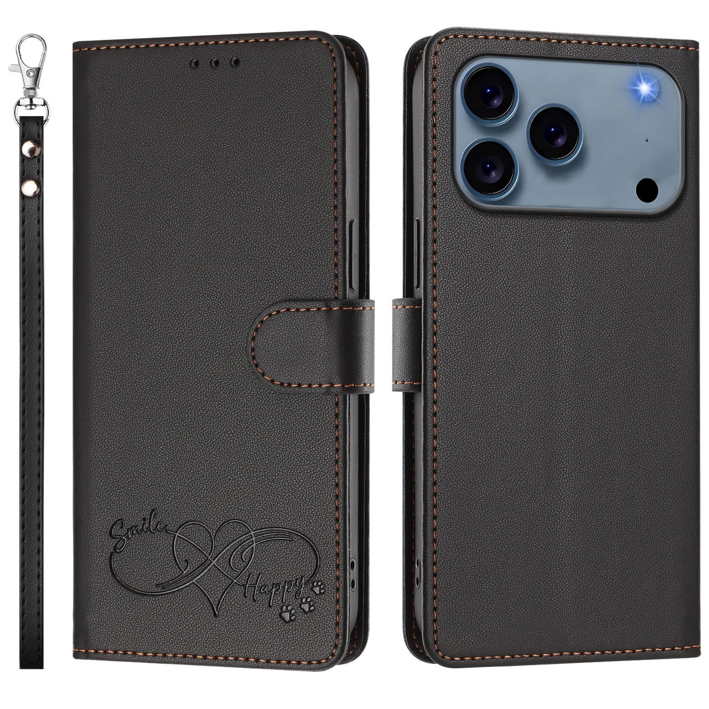 For iPhone 17 Pro Max Case PU Leather Heart Pattern Wallet Flip Phone Cover with Hand Strap