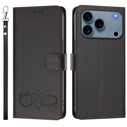 For iPhone 17 Pro Max Case PU Leather Heart Pattern Wallet Flip Phone Cover with Hand Strap