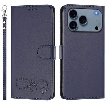 For iPhone 17 Pro Max Case PU Leather Heart Pattern Wallet Flip Phone Cover with Hand Strap