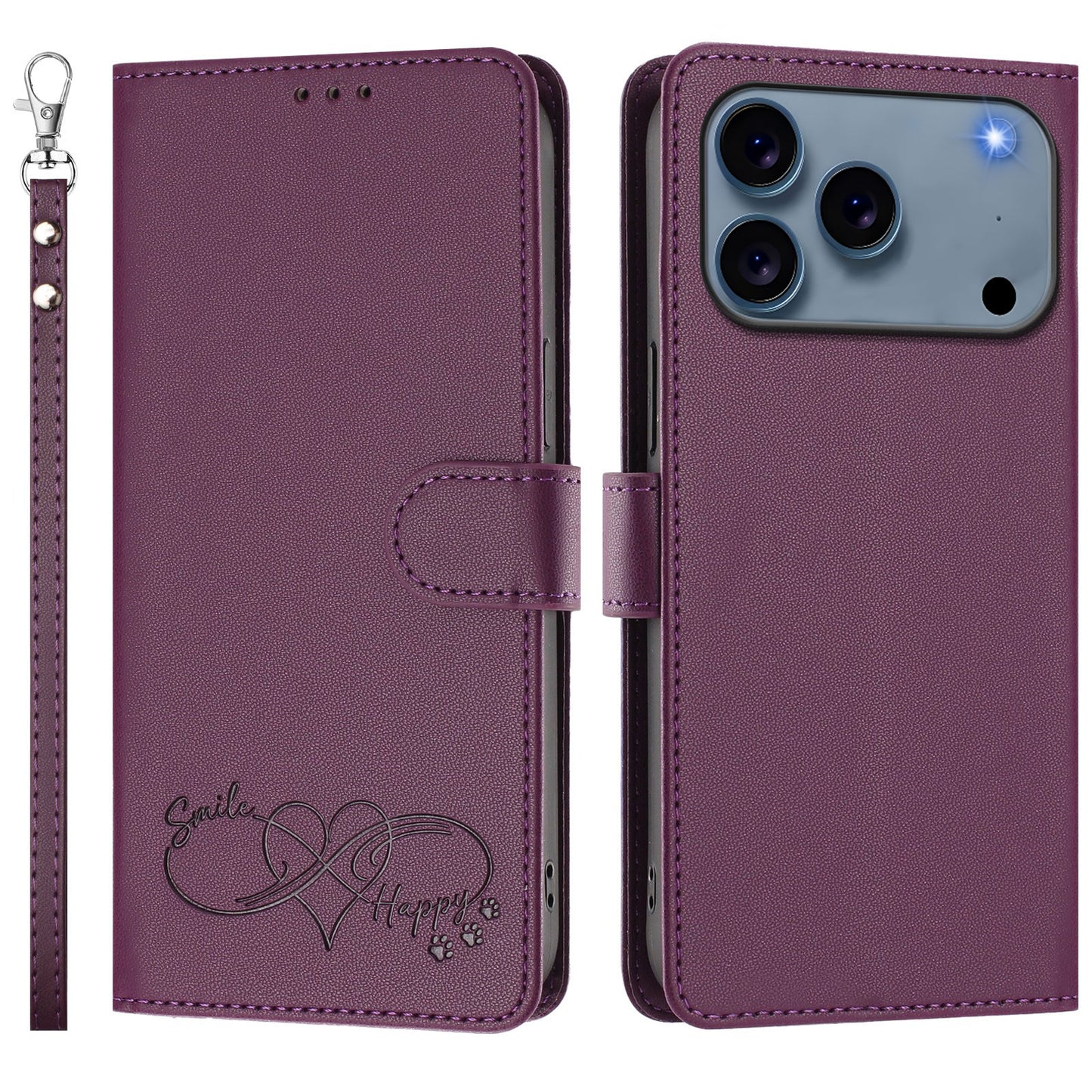For iPhone 17 Pro Max Case PU Leather Heart Pattern Wallet Flip Phone Cover with Hand Strap