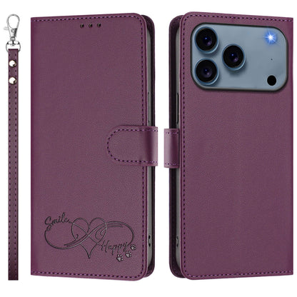 For iPhone 17 Pro Max Case PU Leather Heart Pattern Wallet Flip Phone Cover with Hand Strap