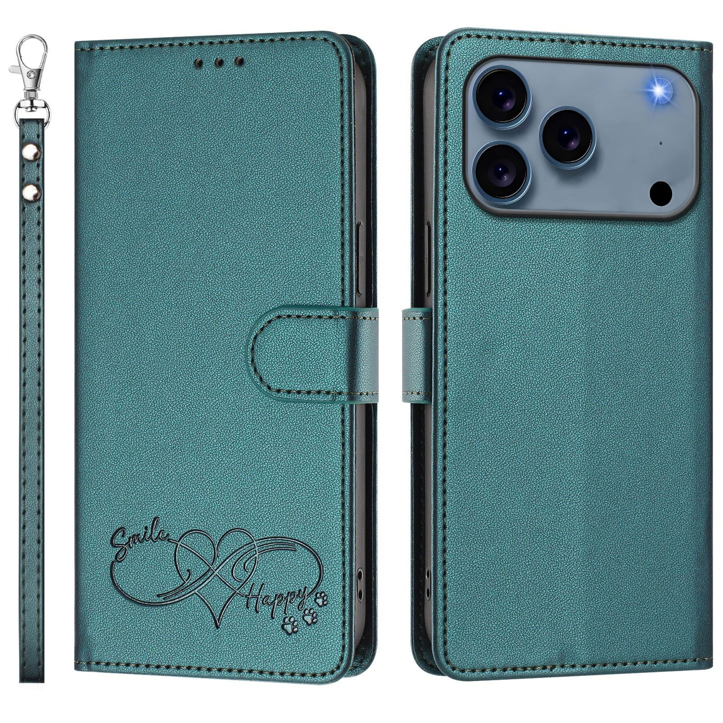 For iPhone 17 Pro Max Case PU Leather Heart Pattern Wallet Flip Phone Cover with Hand Strap